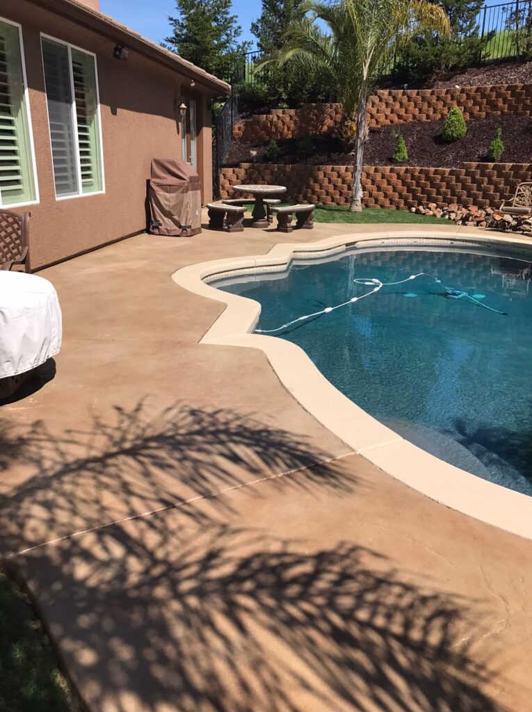 Sunny backyard scene with a curvaceous swimming pool surrounded by a smooth concrete deck. To the side, a covered barbecue, stone bench, and palm tree accentuate the landscaped area with a retaining wall in the background.