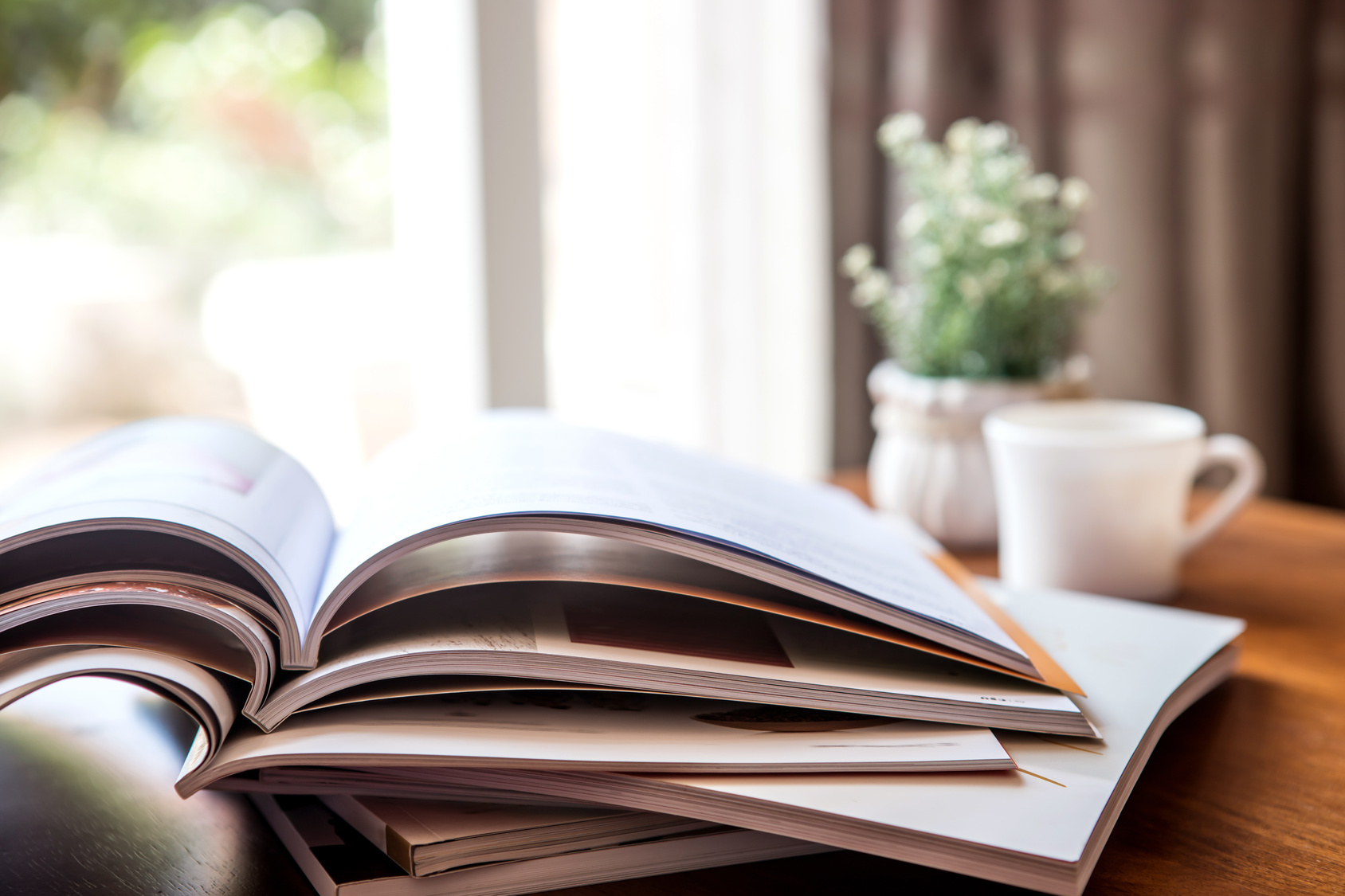 An open book with glossy pages lies on a wooden table, with a blurred background featuring a small potted plant and a white coffee cup. The cozy setting suggests a peaceful reading environment, possibly in a home or a café, with natural light streaming in from a nearby window.