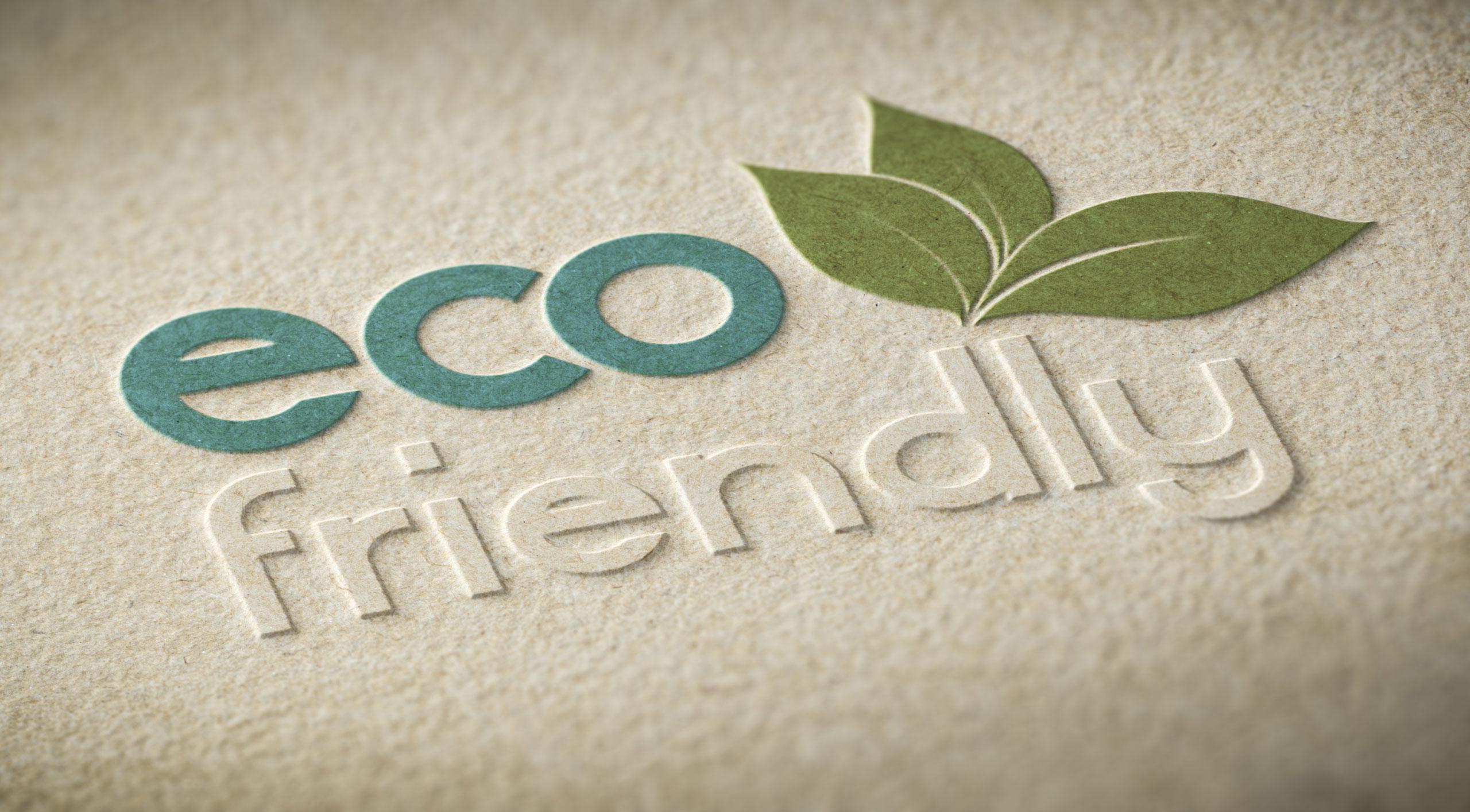 Embossed 'eco-friendly' design on textured beige paper. The word 'eco' is in greenish-blue, while 'friendly' is embossed in a subtle, raised style. A green leaf illustration extends from the letter 'o,' emphasizing the sustainability theme.