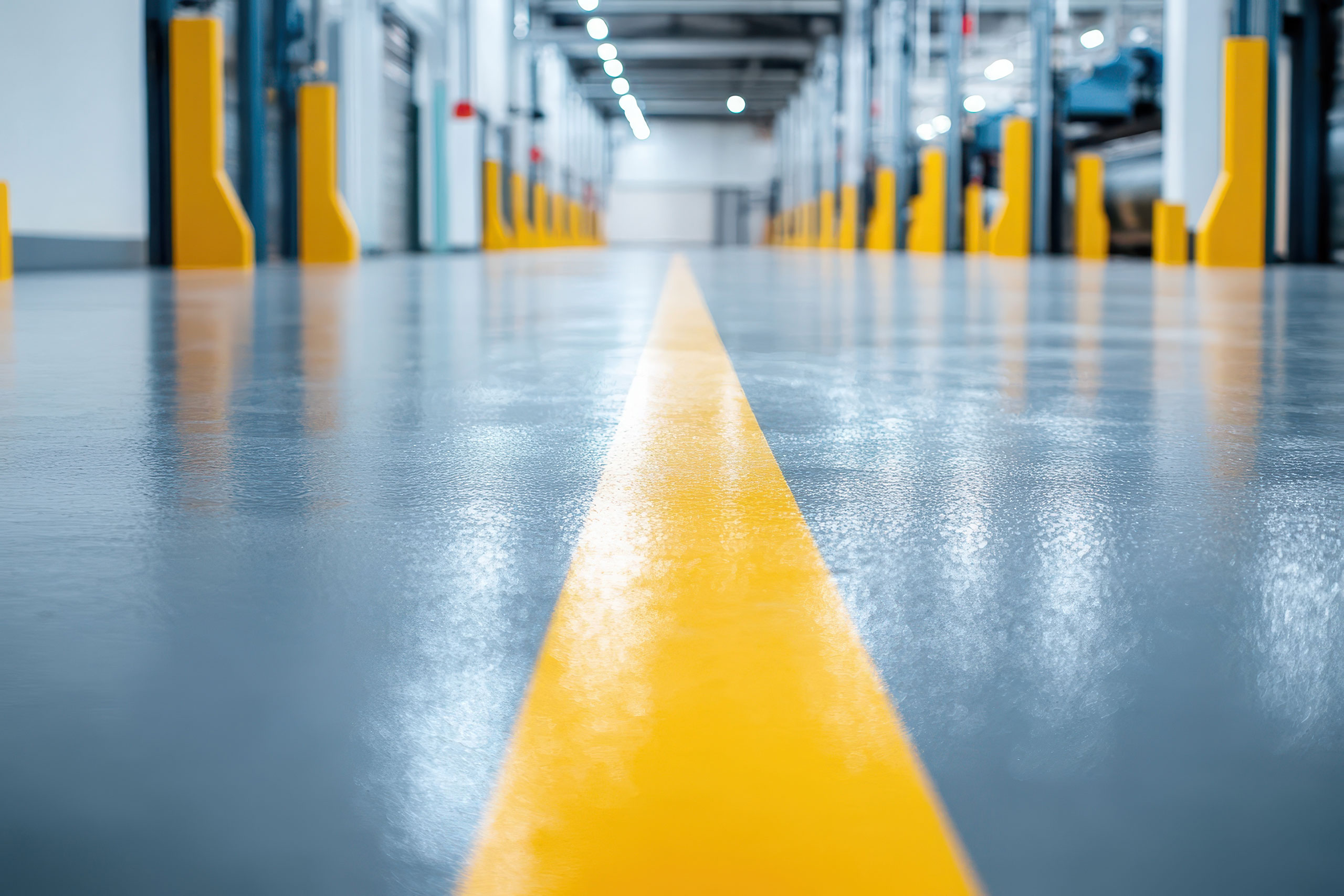Shiny, concrete coated industrial floor with a bold yellow centerline stretching into the distance, flanked by yellow safety barriers and vehicle lifts in a brightly lit, modern automotive service facility