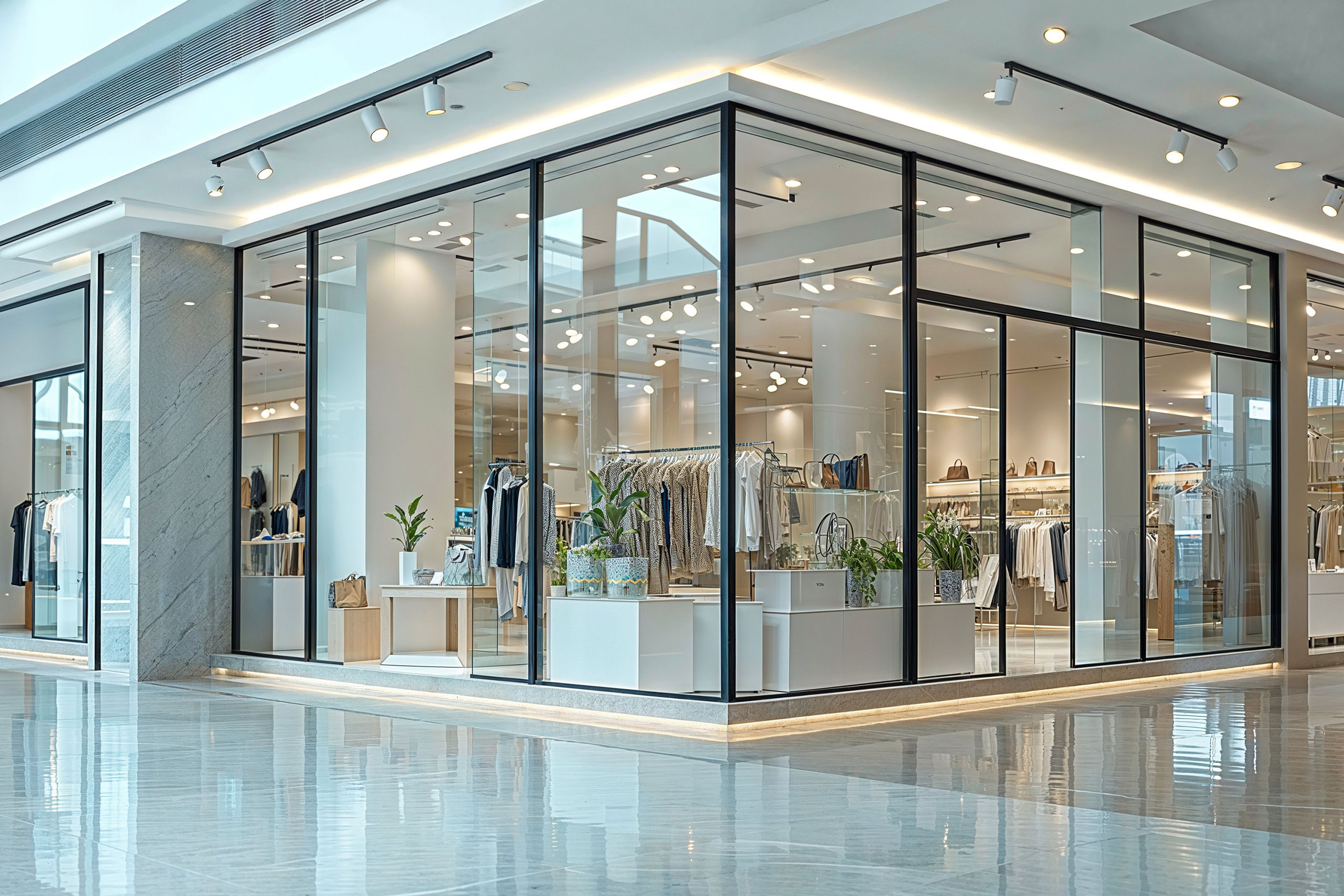 Modern clothing store with large floor-to-ceiling glass windows in a shopping mall. Inside, neatly arranged racks display neutral-toned apparel, handbags, and accessories. Potted plants decorate the entrance and display tables, complementing the clean, minimalist interior with white and light wood finishes. Ceiling spotlights provide bright, even lighting throughout the space complimented by polished concrete flooring.