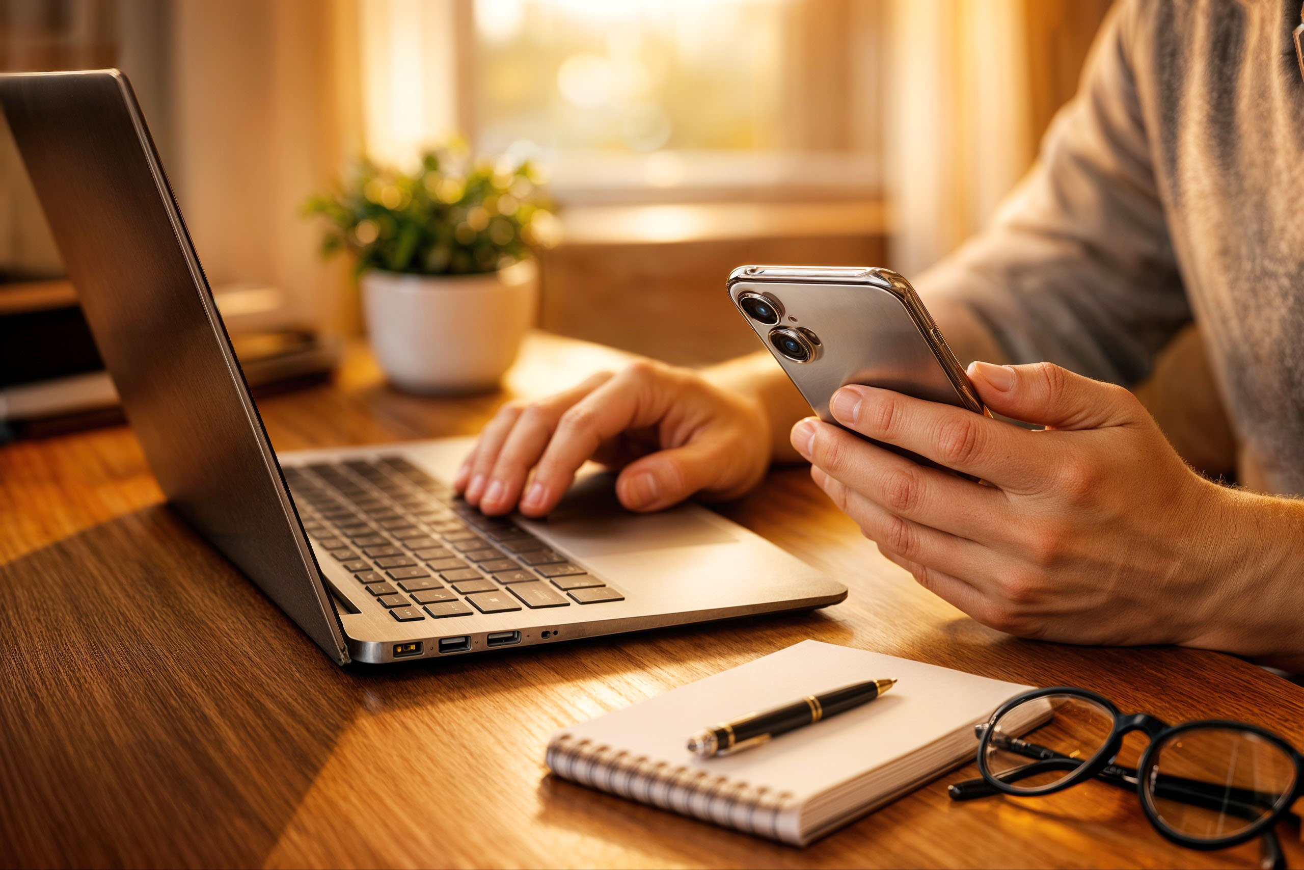 Side-angle close-up of a man working at a wooden desk in warm afternoon light, one hand using a laptop touchpad while the other holds a smartphone angled downward as if reviewing or dialing information found on the laptop, with a notepad, pen, eyeglasses, and small potted plant nearby.