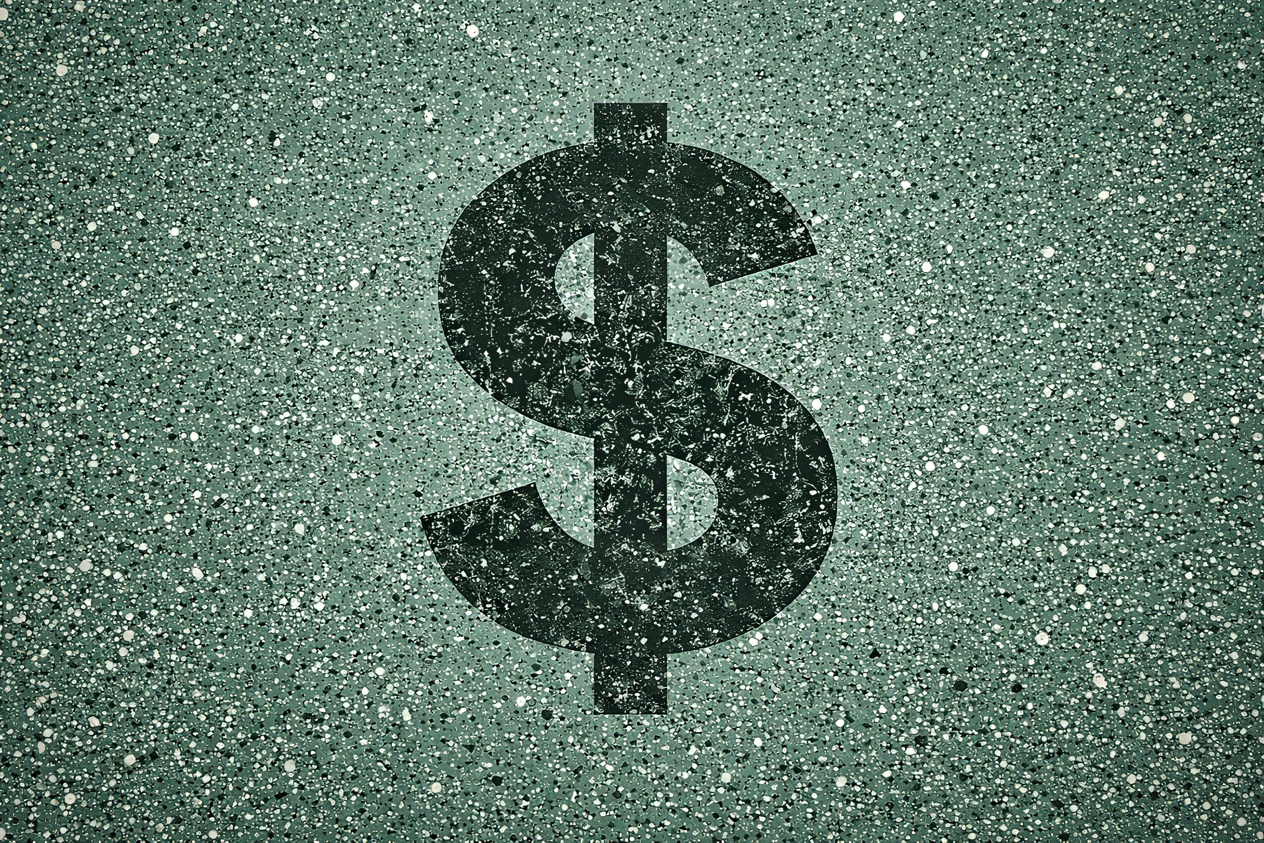 Overhead view of a green epoxy garage floor with a speckled finish, featuring a large, distressed dark green dollar sign painted at the center.